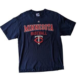 Vintage Minnesota Twins MLB Baseball Majestic Navy Blue Shirt Fits like Large